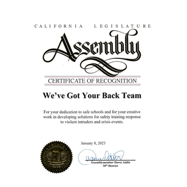 California Legislature Assembly Certificate of Recognition, 2023