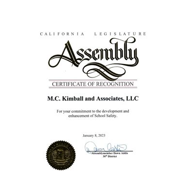 California Legislature Assembly Certificate of Recognition, M.C. Kimball & Associates, 2023